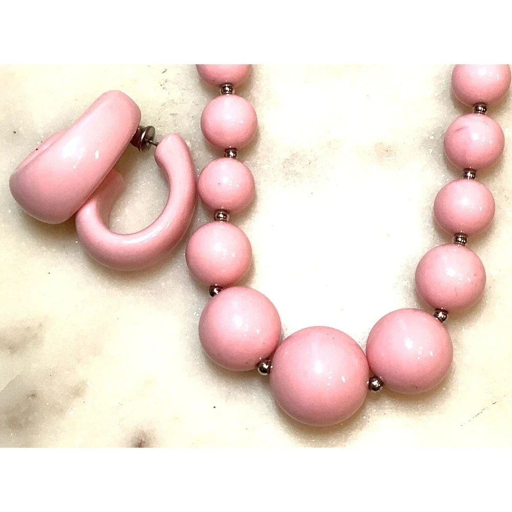 Vintage Pink Beaded Necklace Earring Plastic Jewelry Set Bubble Gum Patent Clasp